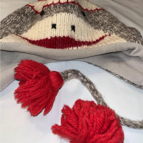 DELUX Gray monkey Face WOOL BLEND Knit Hat RED Pom On Top, Hanging Ties W/ Poms - Picture 6 of 9